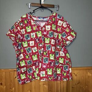 Scrub WEAR Christmas Holiday Scrub Top Womens 3XL Red Reindeer Present Nurse